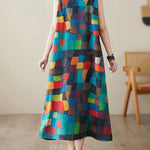 Loose Sleeveless Contrast Color Multi-Colored Plaid Round-Neck Midi Dresses