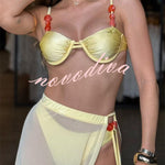 Colored Stones Detail Straps Elastic Bikini and Tulle Lace-up Waist Cover-up Maxi Skirt Three-piece Set