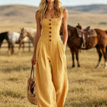 Retro-style Wide-strap Single-breasted Cotton-linen Sleeveless Jumpsuit