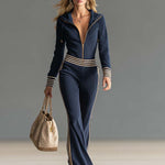 Retro Fashion Sports Hooded Zipper V-neck Dark Blue Knitted Jumpsuit