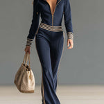Retro Fashion Sports Hooded Zipper V-neck Dark Blue Knitted Jumpsuit