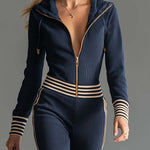 Retro Fashion Sports Hooded Zipper V-neck Dark Blue Knitted Jumpsuit