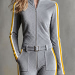Retro Sporty Gray Ribbed Velvet Yellow Side-Stripe Stand-Collar Zip-Up Belted Wide-Leg Jumpsuit