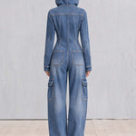Vintage Military Washed Denim Jumpsuit Women Gold Button Hooded Wide Leg Cargo