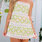 Summer Elegant Printed Curved Crochet Trim Slip H-line Mini Dress