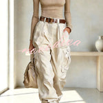 Street Style Solid Color High Waist Pocketed Loose Fit Cargo Pants