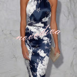 Grinnell Satin Contrast Floral Print Ruched High Neck Sleeveless Midi Dress