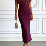 Sheer High-Neck Ruffle Sleeve Back Tie-up Top and Slip Ruched Midi Dress Two Pieces Set