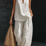 Linen Blend Solid Color V-neck Sleeveless Loose Top and Elastic Waist Casual Pocket Pants Set