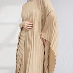 Urban Flared Batwing Sleeves Pleated Solid Color Round-Neck Midi Dresses