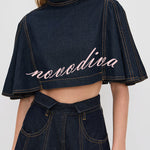 Next Vacation Denim Mock Neck Short Flutter Sleeves Crop Top
