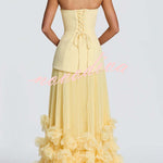 Serafina Strapless Back Lace-up Handcrafted Floral Appliqués Pleated Hem Gown Maxi Dress