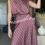 Dalena Satin Art Print High Tie-up Neck Short Sleeve Top and High Rise Maxi Skirt Set