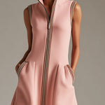 Sporty Retro Striped Ribbed Pink Cotton Blend Sleeveless Midi Dress