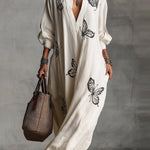 Butterfly Print V-Neck Long Sleeve Loose Casual Maxi Dress