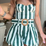 Claudine Striped Heart-shaped Smocked Tank and Raffia Buckle Belted Pocket Bubble Shorts Set