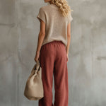 Retro Short-sleeved Knit Top And Brick Red Cotton Linen Wide-leg Pants Set