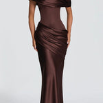 Ella Satin Detachable Asymmetric Off Shoulder Drape Panel Back Lace-up Maxi Dress