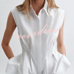 Devon Lapel Button Up Sleeveless Pleated Waist Flare Hem Shirt