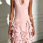 Delicate Silhouette Pearl Trim Cutout Neck Sleeveless 3D Florals Hem Mini Dress