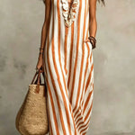 Fashionable Striped Print V-neck Ruffled Sleeveless Pockets Casual Midi Dress