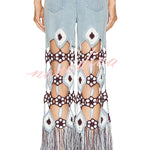 Belma Denim Handmade Embroidered Floral Crochet Detail Tassel Hem Pocket Jeans