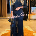 Kyra Shoulder Pads Long Sleeve Twist Design Tassel Hem Stretch Maxi Dress