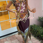 Bohemian Style Floral Print Tassel Trim Irregular Hem Slit Scarf Midi Dress