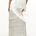 Party Queen Layered Tassel Design Off Shoulder Back Tie-up Maxi Dress