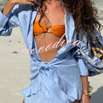 Solid Color Collared Long-sleeved Casual Shirt Style Lace Up Vacation Mini Dress