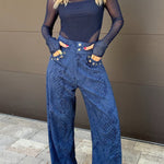 Free Moment Animal Print Metal Ring Design Pocket Wide Leg Pants