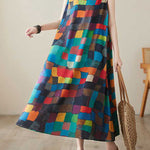 Loose Sleeveless Contrast Color Multi-Colored Plaid Round-Neck Midi Dresses