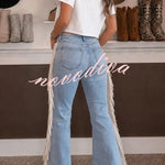 Western Cowgirl Denim High Rise Side Tassels Trim Pocket Flare Jeans