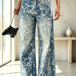 Stylish and Distinctive Leopard Print Denim High Rise Pocket Wide Leg Jeans