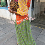 Genovah Colorful Tile Print Patchwork V-neck Balloon Sleeve Maxi Dress