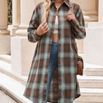 Zeagoo Plaid Longline Button-Up Shacket Lapel Neck Long Sleeve Shirt Pocket