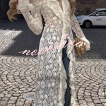 Vivianna Floral Lace Ruffles Trim Long Bell Sleeve Lapel Maxi Dress