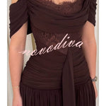Maguire Chiffon Ruched Floral Lace Patchwork Off Shoulder Drape Gown Maxi Dress