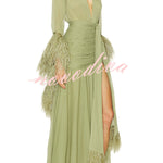 Geisha Lightweight Crepe Feather Trim Sleeve Ruched Waist Slit Maxi Dress