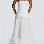 Serafina Strapless Back Lace-up Handcrafted Floral Appliqués Pleated Hem Gown Maxi Dress