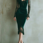 Elegant Green Velvet Long Sleeve Lace Midi Dress