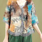 Fashion Red Ruffled Button Patchwork Linen Blouse Top Summer