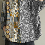 Art dark gray print tunic pattern lapel baggy fall top