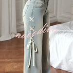 Fashionable Denim Mid Rise Side Ribbon Lace-up Pocket Wide Leg Jeans