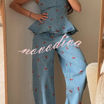 Sweet Casual Denim Cherry Print Princess Seams Flare Vest Top
