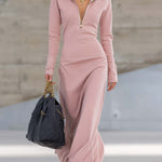 Elegant Retro Sporty V-neck Front Zipper Long-sleeved Pink Maxi Dress