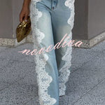 Elegant Street Style Denim Crochet Lace Trim High Rise Pocket Wide Leg Jeans