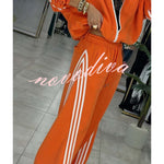 Fashionable Sporty Stripes Long Sleeve Zipper Drawstring Jacket and Elastic Waist Pocket Pants Set