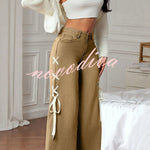 Fashionable Denim Mid Rise Side Ribbon Lace-up Pocket Wide Leg Jeans