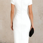 Solid Color Short-sleeved Fitted Waist Pleated Elegant Midi Dress